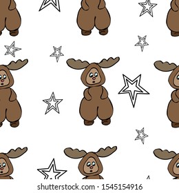 Seamless pattern on a white background, teddy deer with stars. Vector illustration. Great for fabric, wallpaper, design.