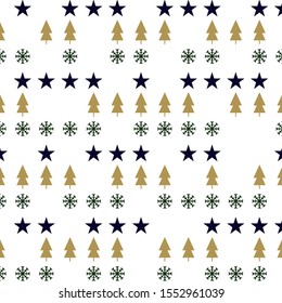 Seamless pattern on a white background with golden christmas elements. Beautiful pattern for a luxury gift wrapping paper, t-shirts, greeting cards. Geometric ornamental vector.