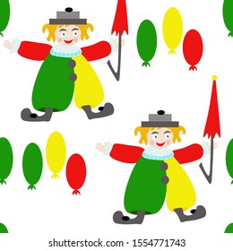 seamless pattern on a white background funny cheerful kind clown colored balloons red umbrella