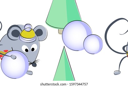 Seamless pattern on a white background. A mouse in a hat sculpts a snowman next to a Christmas tree. Festive winter print. EPS10 vector illustration.