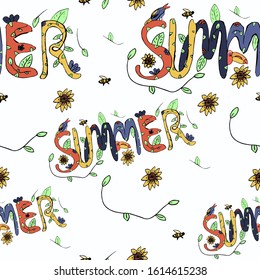 Seamless pattern on a white background with the inscription summer, flowers and birds, art lettering, vector illustration