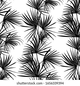 patrón impecable sobre un fondo blanco de siluetas negras alineadas verticalmente de la palma de Washington. plantas tropicales hojas de palma