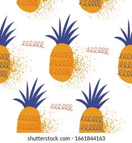 Seamless pattern on a white background. Exotic fruit. Pineapples with hand drawn textures.