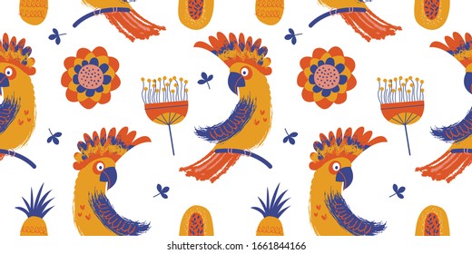 Seamless pattern on a white background. Colorful Cockatoo parrots among the flowers.
