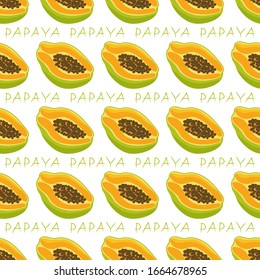 Seamless pattern on a white background of ripe papaya fruit. Vector flat illustration.