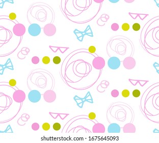 seamless pattern on a white background with multi-colored scribbles spots drawn by hand and circles of pink, green and blue, streamers, bows