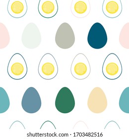 seamless pattern on a white background with multi-colored eggs and egg halves