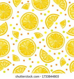 Seamless pattern on a white background with the image of bright yellow orange slices. Vector drawing.