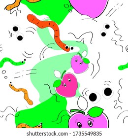 Seamless pattern on a white background. Abstract vector illustration. Cartoon pink apples, worms, eyes. Endless repeating texture for fabric, printing on paper, etc.