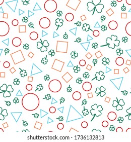 Seamless pattern on a white background. Clover and geometric shapes. Design for fabric, packaging, papers. Vector illustration