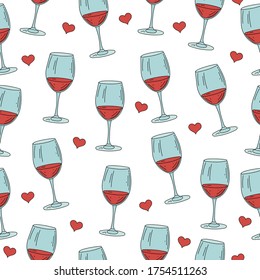 Seamless Pattern On A White Background Of Glass Glasses With Red Wine And Red Hearts. Love, Romance, Happiness, Holiday, Valentine's Day. Vector Drawing.