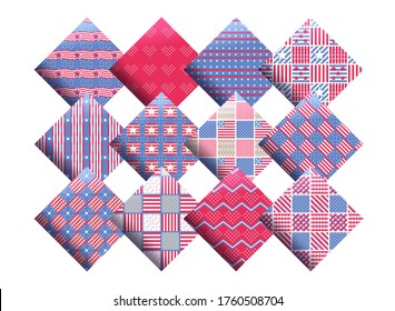 Seamless pattern on white background for Independence Day - USA national holiday Fourth of July. Patriotic red, white and blue geometric seamless patterns. Vector set with American symbols. USA flag