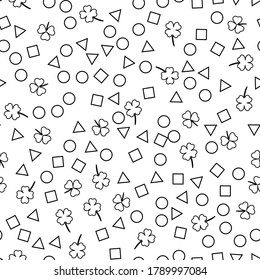 Seamless pattern on a white background. Clover and geometric shapes. Design for fabric, packaging, papers. Vector illustration