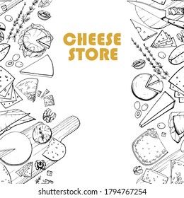 Seamless pattern on a white background. Hand drawn illustration of different types of cheese. Serving gourmet cheese. Dairy farm products. Cheese store. Handwritten graphic technique