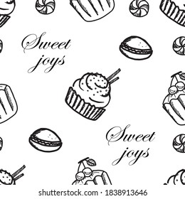 Seamless pattern on a white background. The sweets are drawn in a doodle style. Vector. Cupcakes with cream, chocolate, cherry, macaroon, lollipop. Ideal for menu page, fabric and wallpaper.