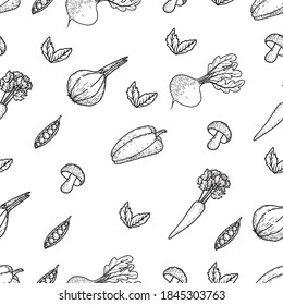 Seamless pattern on a white background. Doodle vegetables. Vector. Vegetables: beets, peppers, carrots, onions and mushrooms, spices. Ideal for menus, eco-friendly packaging, paper, textiles.