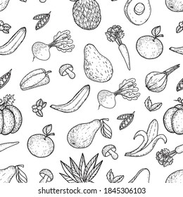 Seamless pattern on a white background. A large set of vegetables, fruits, berries, herbs, mushrooms and spices. Vector. Doodle. Vegetables and fruits. Ideal for menus, eco-friendly packaging, paper.