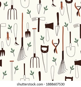 Patrón sin brillo sobre fondo blanco. Juego de herramientas de jardín. Calzado, sierra, tijeras, rastrillo. Estilo plano. Dibujo manual. Diseño para textiles, papel pintado y productos impresos