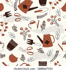 Seamless pattern on white  background. Garden tool set. Shovel, saw, scissors, rake. Flat style. Hand drawing. Design for textiles, wallpapers, printed product