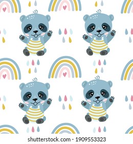 Seamless pattern on a white background, in vector graphics - cute panda and rainbow. For decorating wallpaper, textiles, covers, prints for wrapping paper, clothing, bags, packaging.