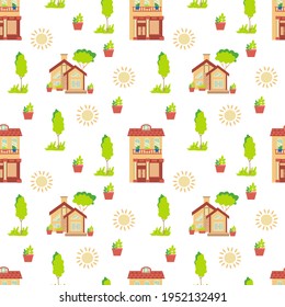 Seamless pattern on white background with orange houses and trees Flat vector illustration