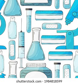 Seamless pattern on a white background. Cartoon medical instruments in hand draw style. Microscope, laboratory