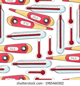 Seamless pattern on a white background. Cartoon medical instruments in hand draw style. Thermometers, thermometers
