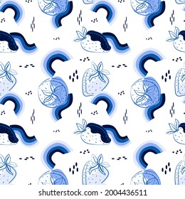 Seamless pattern on a white background from doodle elements. Strawberries, rainbow and blueberry blue mugs. Doodle style vector. Suitable for textiles and packaging.