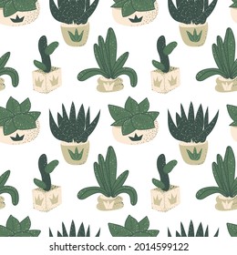 Seamless pattern on a white background. Cacti in a variety of pots. Vector in flat style. Cacti of different shapes and sizes. On the pots there is a pattern of crowns. Suitable for packaging.