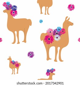 Seamless pattern on a white background with silhouettes of llamas and flowers. Llamas in flowers. For wallpapers, wrappers, textiles