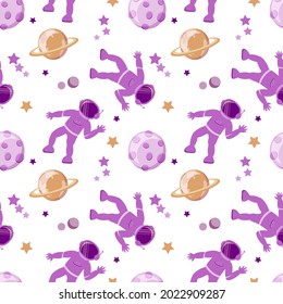 Seamless pattern on a white background. Astronaut, planets and stars. Vector in flat style. Space elements. Space day. Suitable for children's textiles, packaging.