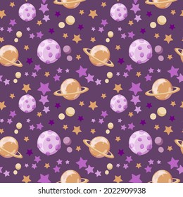 Seamless pattern on a white background. Planets and stars. Saturn. Vector in flat style. Space elements. Space day. Suitable for children's textiles, packaging.