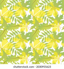 Seamless pattern on a white background. Autumn bright leaves. Maple, oak leaves. Vector in flat style. Suitable for textiles and packaging.