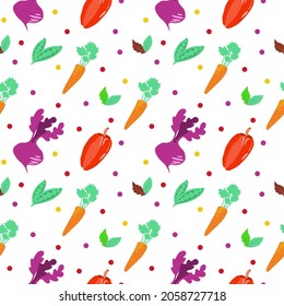 Seamless pattern on a white background. World Food Day. Vegetables and herbs. Beets, carrots, peppers. Suitable for textiles and packaging.