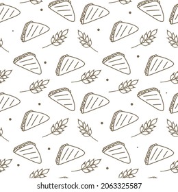 Seamless pattern on a white background. Bakery products. Sandwiches with spikelets of wheat. Hand drawing. In one line.