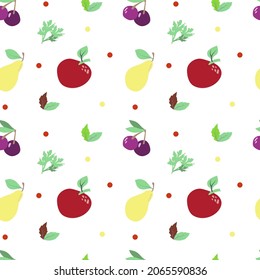 Seamless pattern on white background. World Food Day. Fruits and greens. Apples, pears, cherries and basil. Suitable for textiles and packaging.
