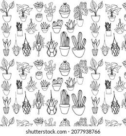 Seamless pattern on a white background. Flowers in pots, garden plants. Succulents, flowers silhouettes. Botanical, natural, garden, cute vector pattern. For printing and design on fabric, paper.