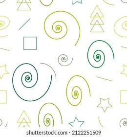 Seamless pattern on a white background with curved lines, triangles, squares, spirals, stars, Christmas trees in green, light green tones. New Year's theme for postcards, wrapping paper.