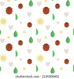 Seamless pattern on white background with ladybug, daisy flowers, green leaves, heart, summer insects. Drawing in a simple graphic doodle style, vector illustration, great for wrapping paper, fabric