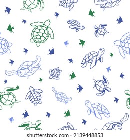 Seamless pattern on a white background. Sea-marine turtle with silhouettes of fish. Ocean animal and underwater life. Vector linear graphics art illustration.  Use for websites, print, bags, t-shirt 