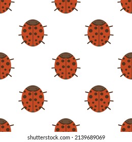 Seamless pattern on a white background of a red ladybug with a cute smiling face. Drawing in simple doodle graphic style, vector illustration, great for wrapping paper, fabric, wallpaper, cover