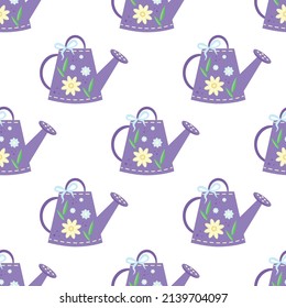 Seamless pattern on a white background a purple garden watering can with yellow and blue flowers and green leaves depicted on it. Drawing in simple doodle graphic style, vector illustration