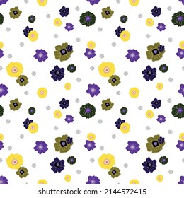 Seamless pattern on a white background. Purple, yellow and black flowers, symbolizing flowering and extinction. A dim version is suitable as a calm background.