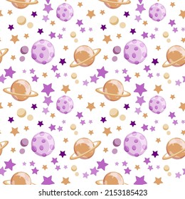 Seamless pattern on a white background. Planets and stars. Saturn. Vector in flat style. Space elements. Space day. Suitable for children's textiles, packaging.