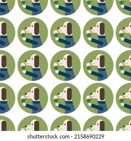 Seamless pattern on white background. Dog with ice cream.  Vector design for fabric, textile, packaging, website. Flat style vector illustration.