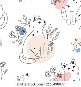 Seamless pattern on white background with a linear drawing of a cat decorated with leaves and flowers. For prints, backgrounds, wrapping paper, textile, linen, wallpaper, etc. 