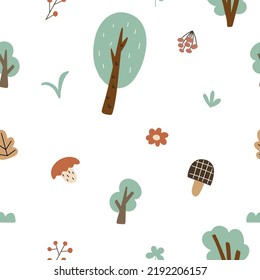 seamless pattern on a white background with small elements of forest nature for decorating children's textiles and children's room