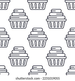 Seamless pattern on white background with basket for dirty clothing. Plastic laundry basket with dirty clothing inside.