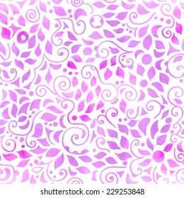 Seamless  pattern on white background, purple and pink watercolor swirls, circles, triangles and leaves . Vector design.
