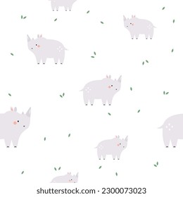 Seamless pattern on white background with adorable funny rhinos and green foliage. Funny illustration for tote bags, kids prints, print fabrics, wrapping paper, room decorations